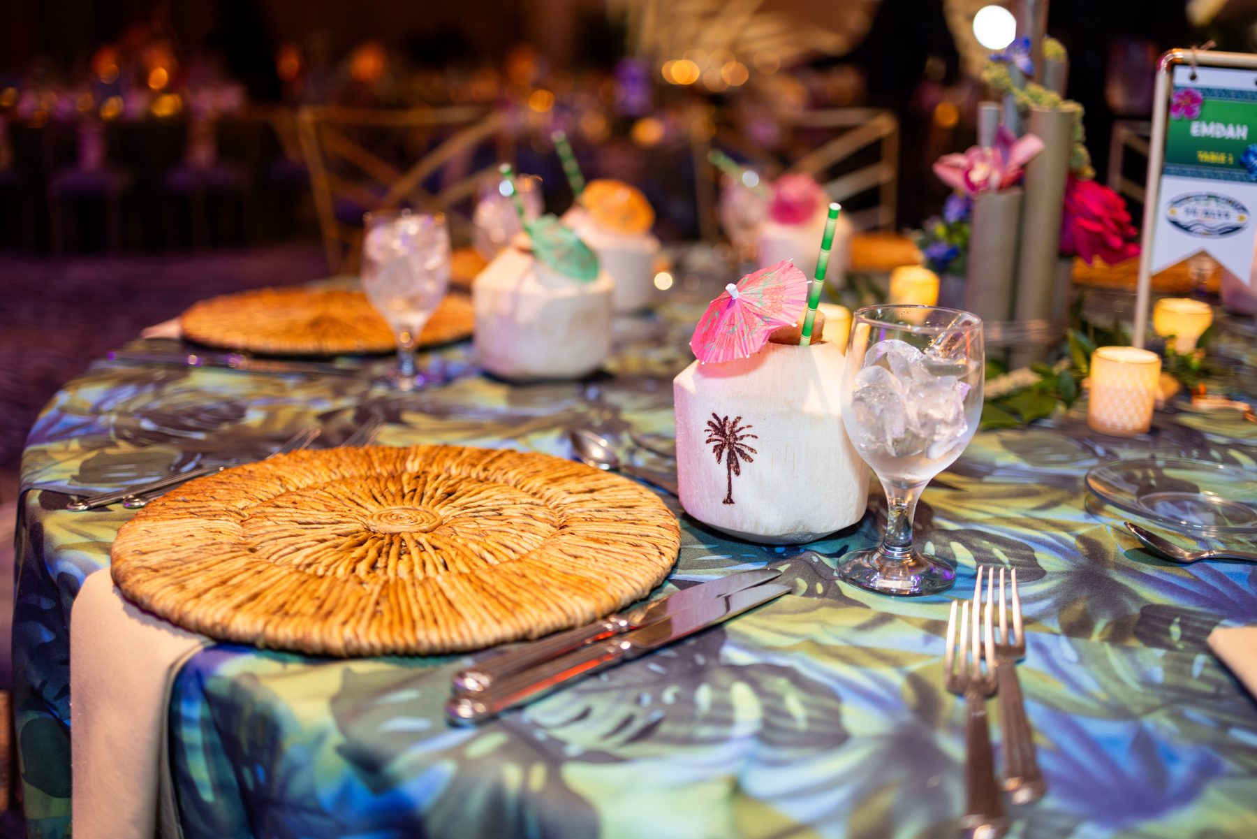 Tropical themed tablescape at a Mitzvah celebration
