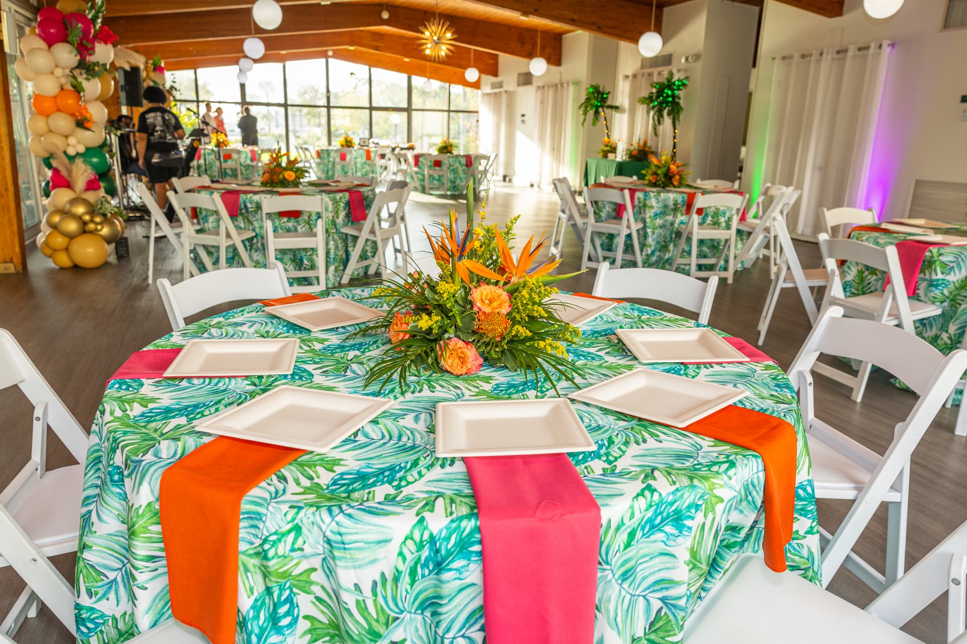Tropical anniversary tablescape planned by Kingsley Event Consulting