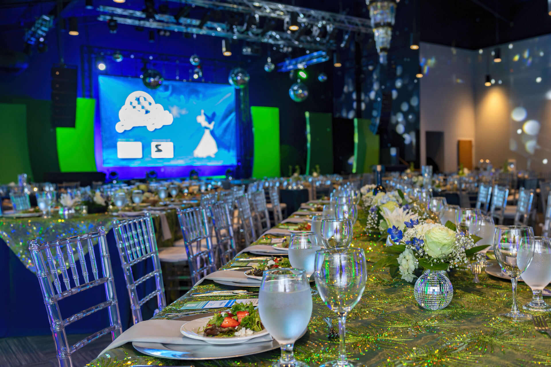Blue and green gala ballroom planned by Kingsley Event Consulting